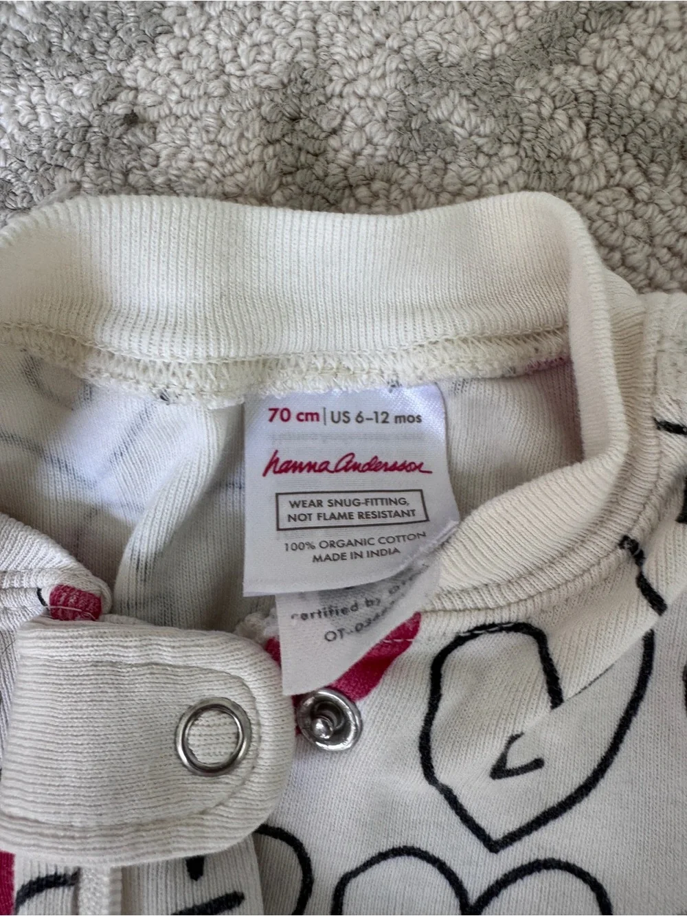 Hanna Andersson White One-Piece Sleeper with Pink Heart Print 6-12 mo